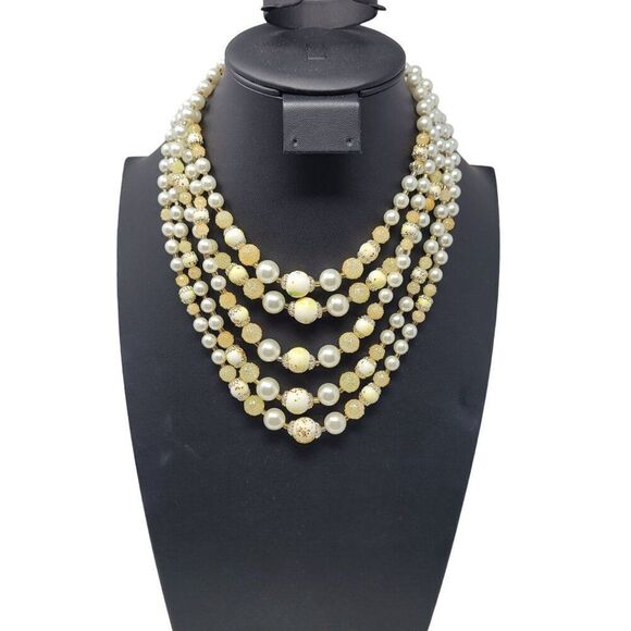 Vintage Jewelry - Vtg Japan Signed Faux Pearl Beaded 5 Multi Strand Necklace 18" Princess Layered